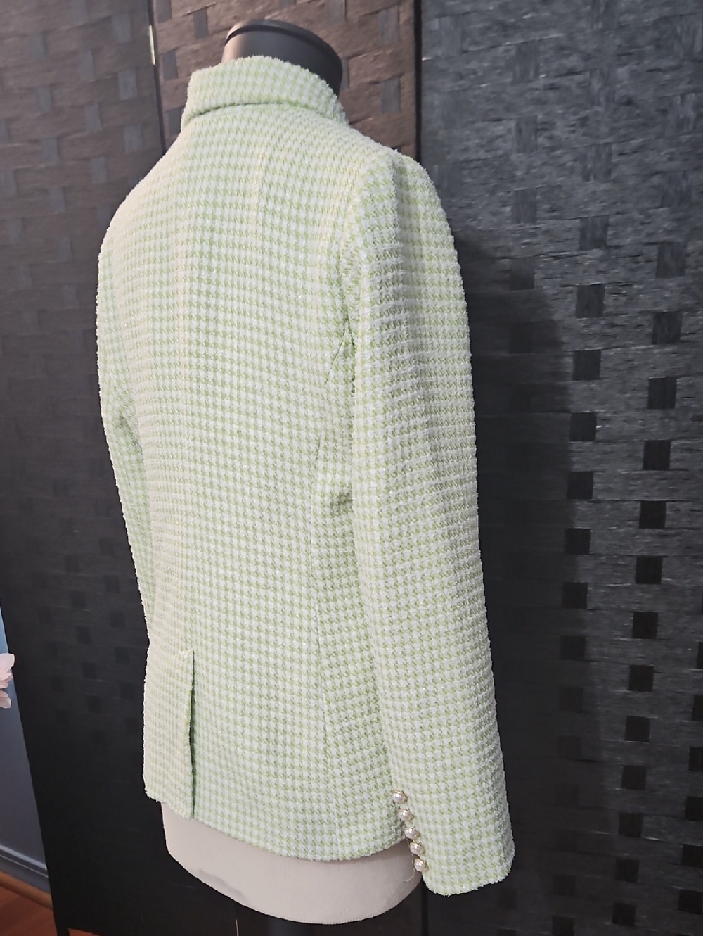 House Of Harlow Double-Breasted Women's Houndstooth Blazer Jacket Light Green M - Picture 8 of 13
